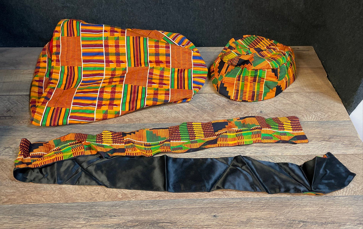 Vintage 90s Made in USA Kente Print 3 Piece Set Hat Sash Drawstring Bag
