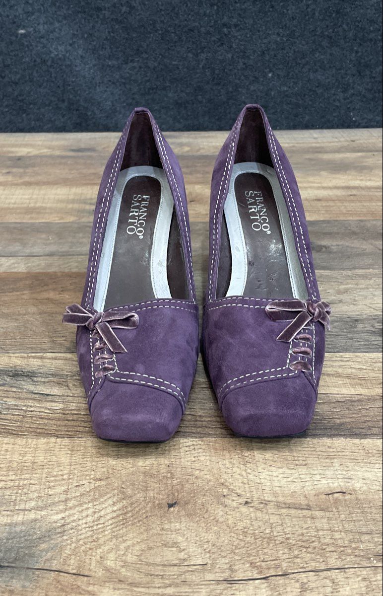 Franco Sarto Balzar Purple Suede Square Toe Bow Pumps Heels Women's Size 7.5