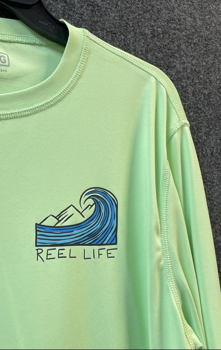 Reel Life Men's Green Long Sleeve Wave Graphic Performance Sun Shirt Sz XL