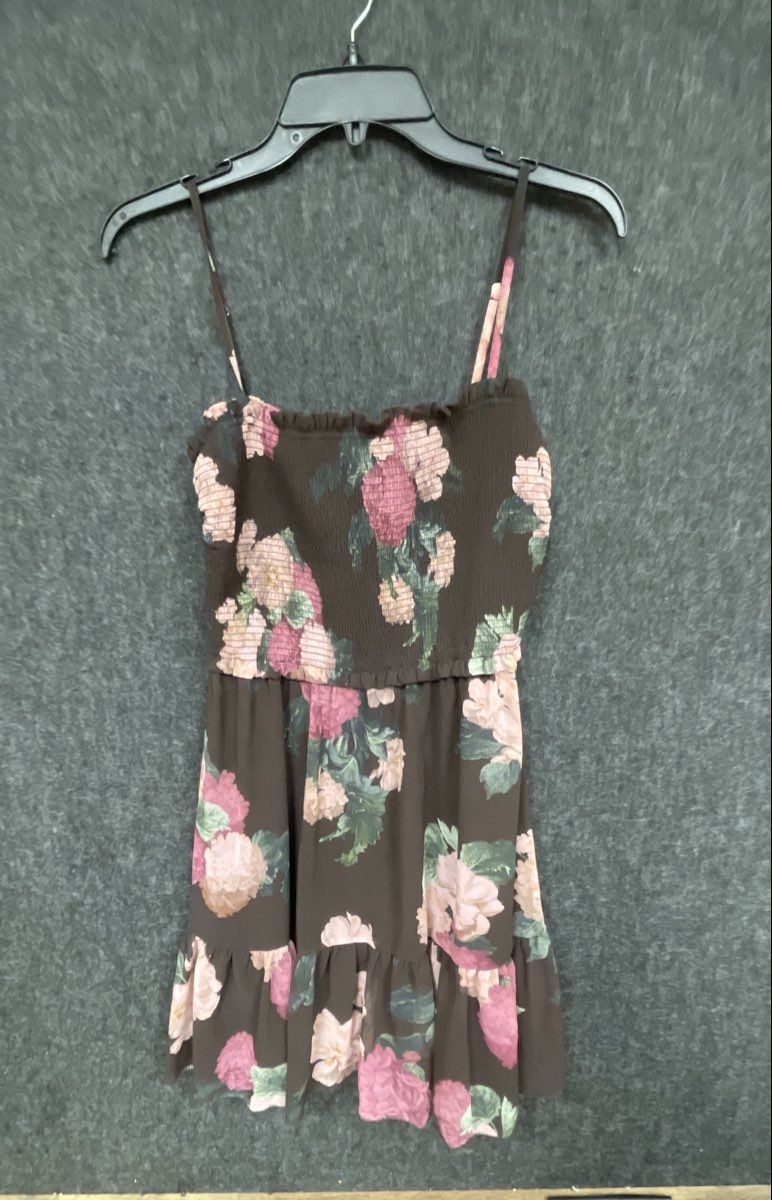 Wilfred Women's Dark Brown Floral Smocked Spaghetti Strap Ruffle Mini Dress Sz S