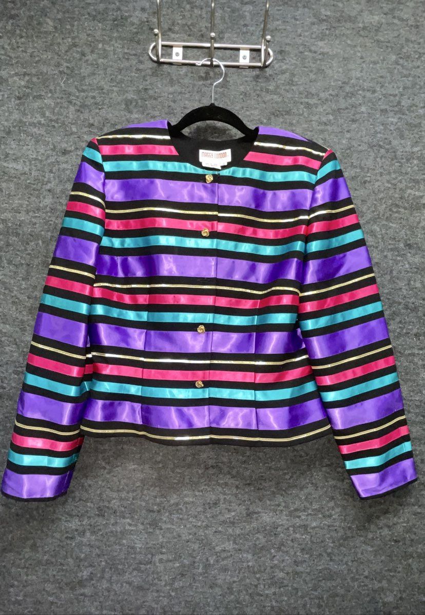 Vintage 80s Maggy London Evening Striped Metallic Gold Blazer Jacket Sz 10