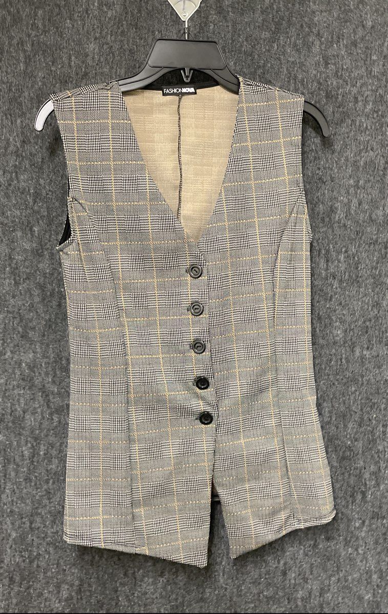 Fashion Nova Women's Gray Plaid Two-Piece Outfit Button Vest Flare Pants Sz S