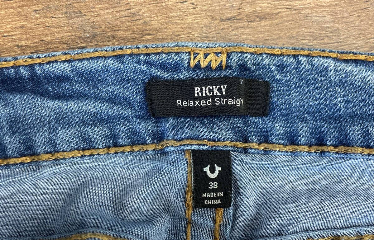 True Religion Men's Blue Ricky Relaxed Straight Cut-Off Denim Shorts Size 38