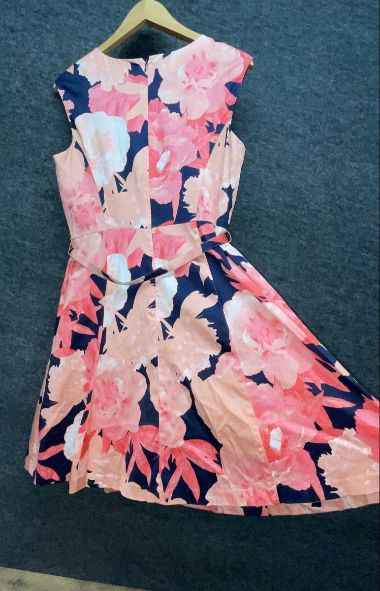INC International Concepts Women's Pink Navy Floral Fit Flare Belted Dress Sz 4
