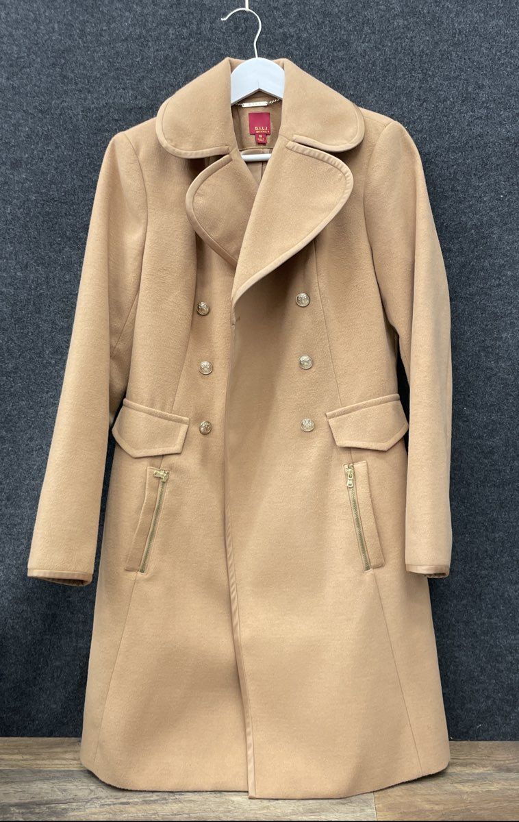 G.I.L.I. Women's Camel Double Breasted Military Pea Coat Crest Buttons Sz 10