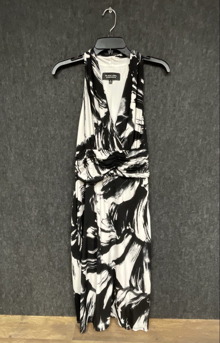 Black Label by Evan-Picone Women's Black White Abstract Ruched Halter Dress 10