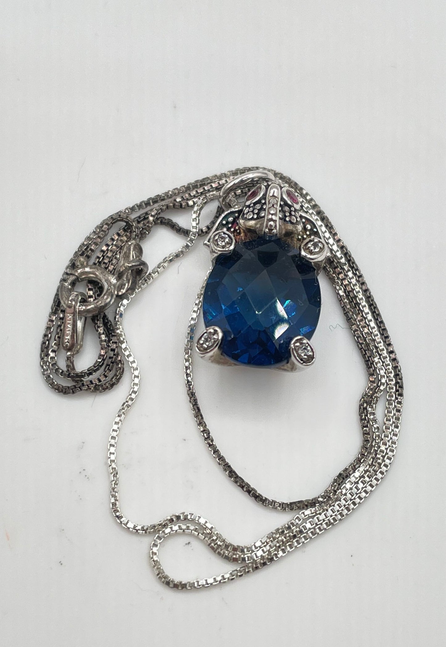 925 Sterling Silver Oval Blue CZ Ruby Eye Accents Elephant Pendant Necklace 4.3g