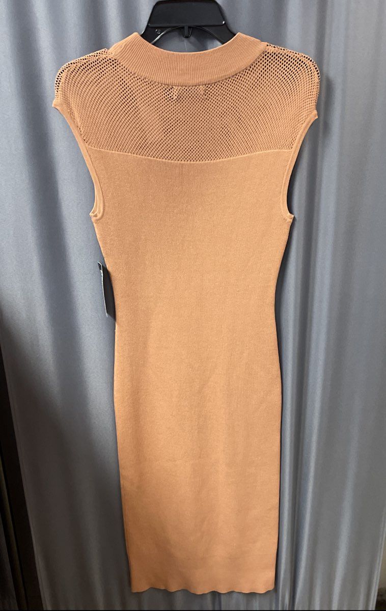 New York & Company Women's Mocha Knit Mesh Yoke Mock Neck Dress Sz M NWT