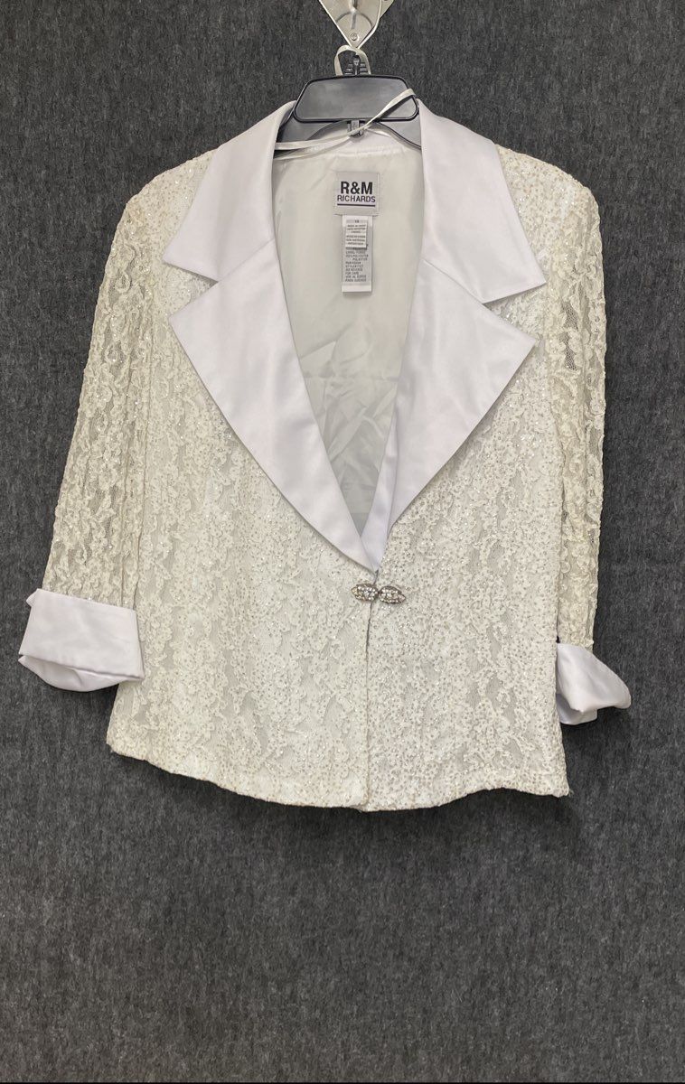 R&M Richards Women's White Lace Sequin Formal Blazer Rhinestone Clasp Sz 14