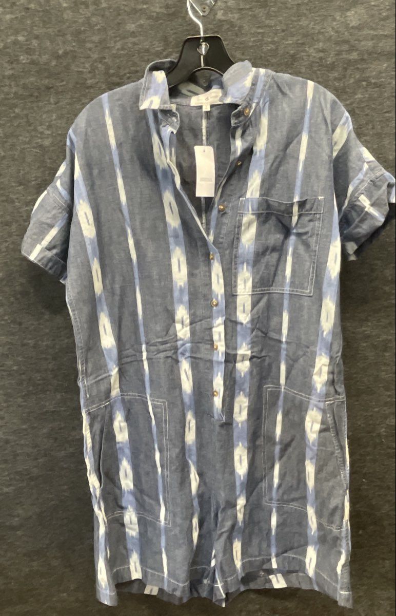 Lou & Grey Women's Blue White Ikat Cotton Button Front Romper Jumpsuit NWT Sz S