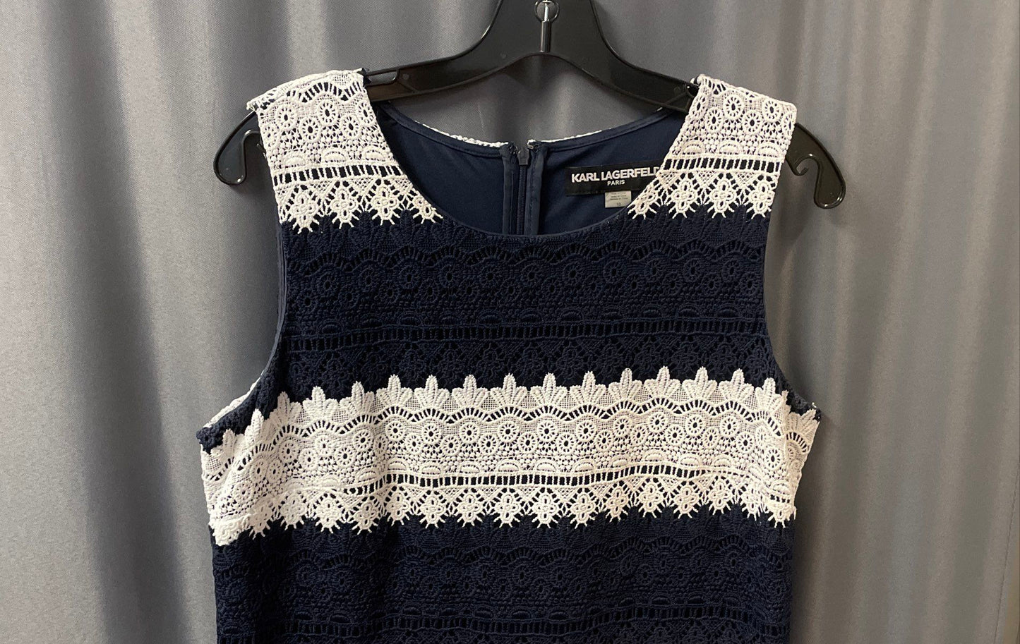 Karl Lagerfeld Paris Women's Navy Blue White Striped Lace Crochet Dress Sz 10