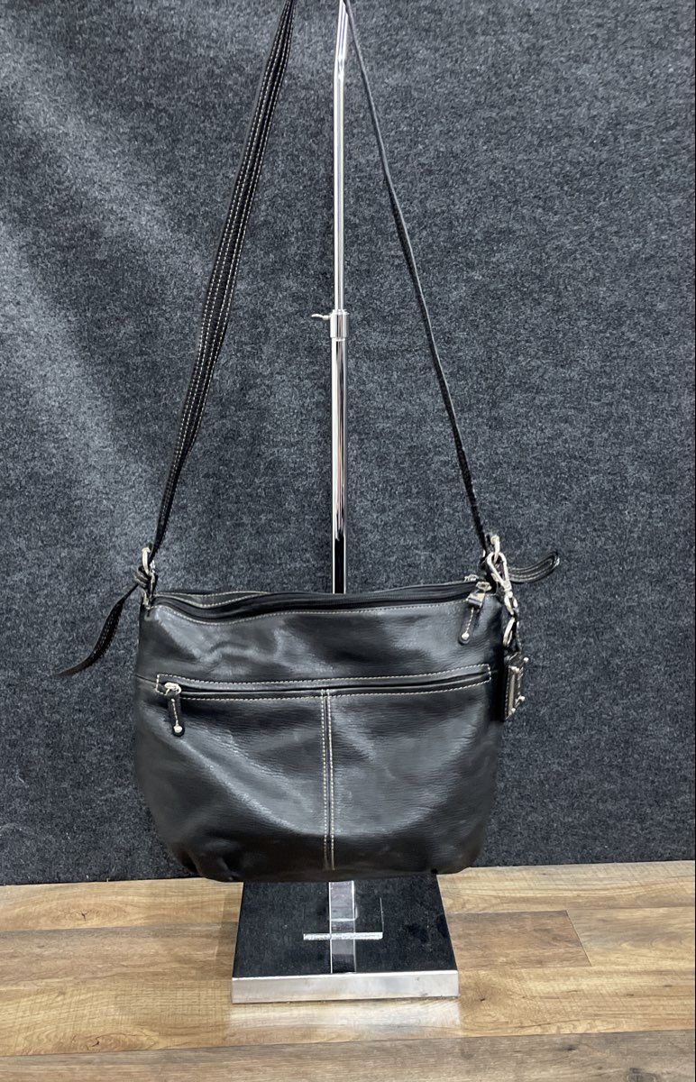 Tignanello Black Leather Multi Pocket Crossbody Bag Silver Hardware