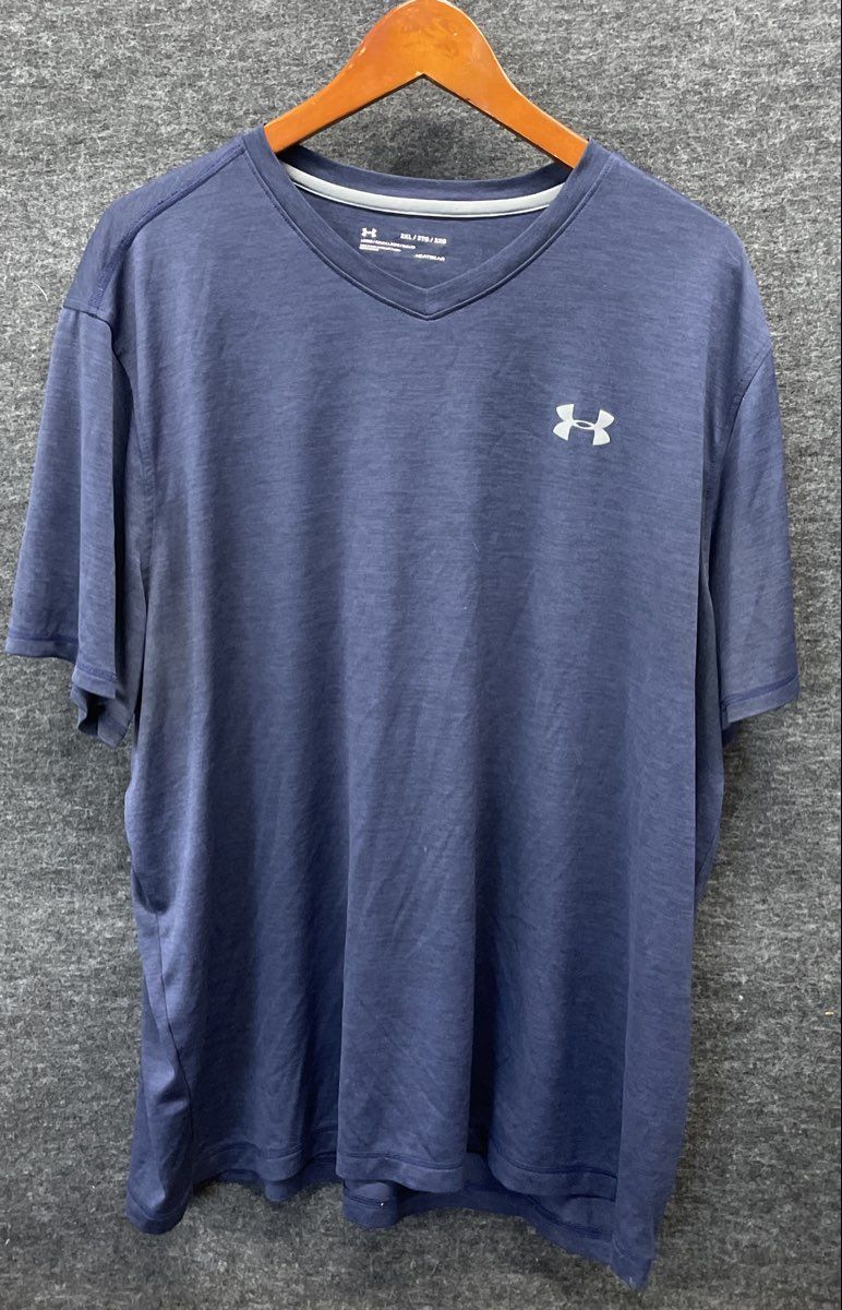 Under Armour Men's Blue Heathered V-Neck T-Shirt Loose Fit HeatGear Sz 2XL