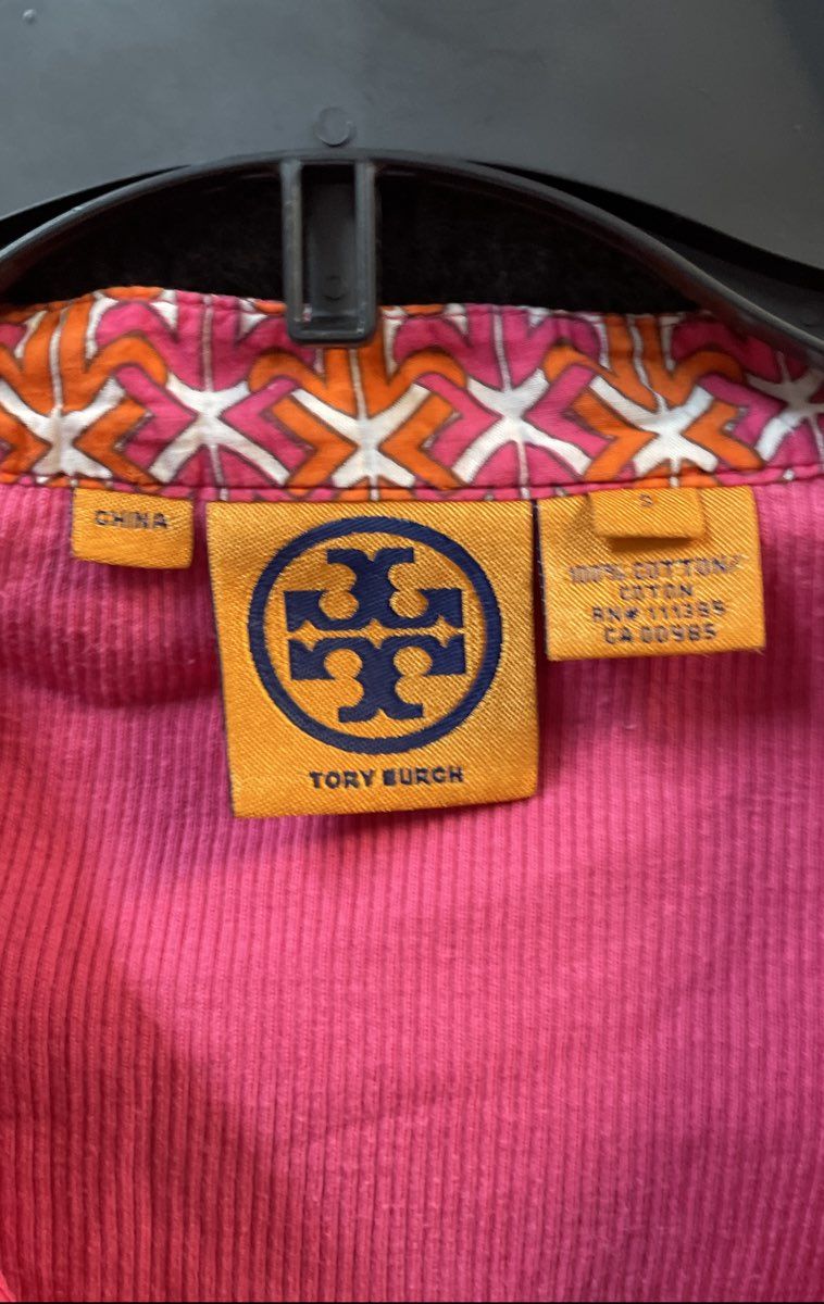 Tory Burch Women's Pink Ribbed Knit 3/4 Sleeve Geometric Trim Split Neck Top S