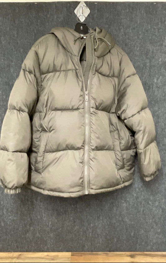 H&M Women's Olive Green Hooded Full Zip Quilted Puffer Coat Size L