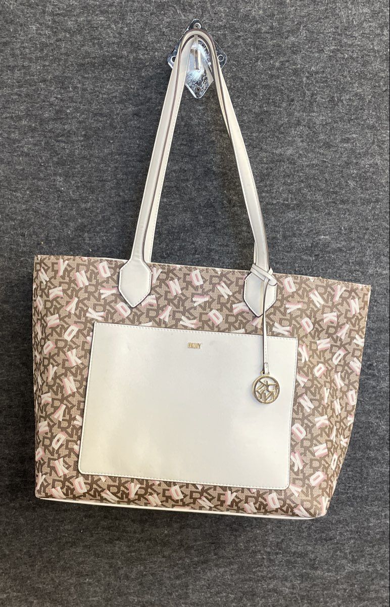 DKNY Brown Pink Monogram Logo Tote Bag White Trim Charm Shoulder Handbag
