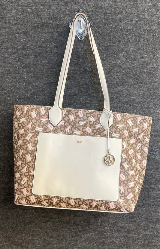 DKNY Brown Pink Monogram Logo Tote Bag White Trim Charm Shoulder Handbag