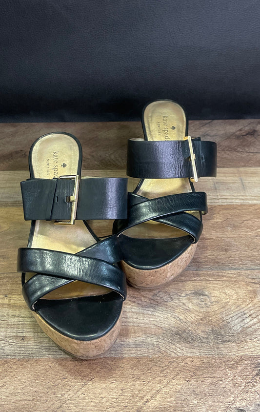 Kate Spade New York Black Leather Cork Platform Wedge Sandals Women's Size 8