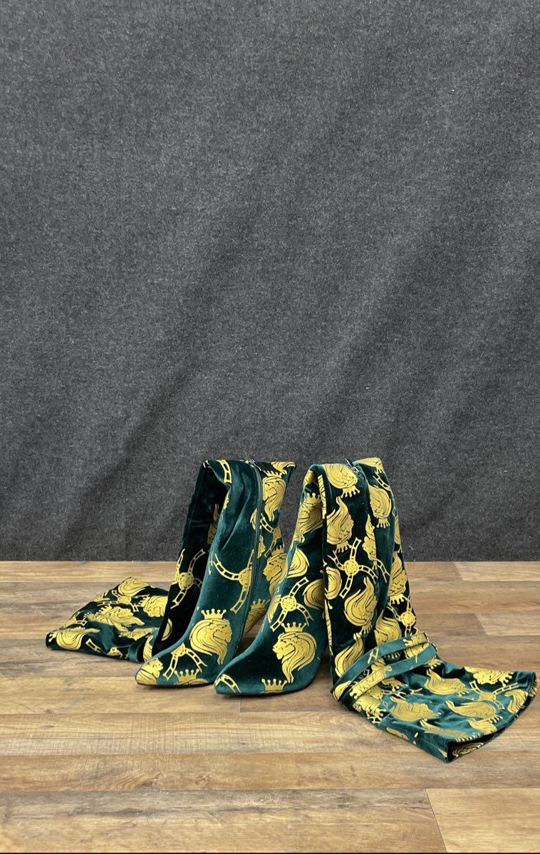 Chimzi Player Green Gold Lion Crest Velvet Thigh High Boots Women's Size 40