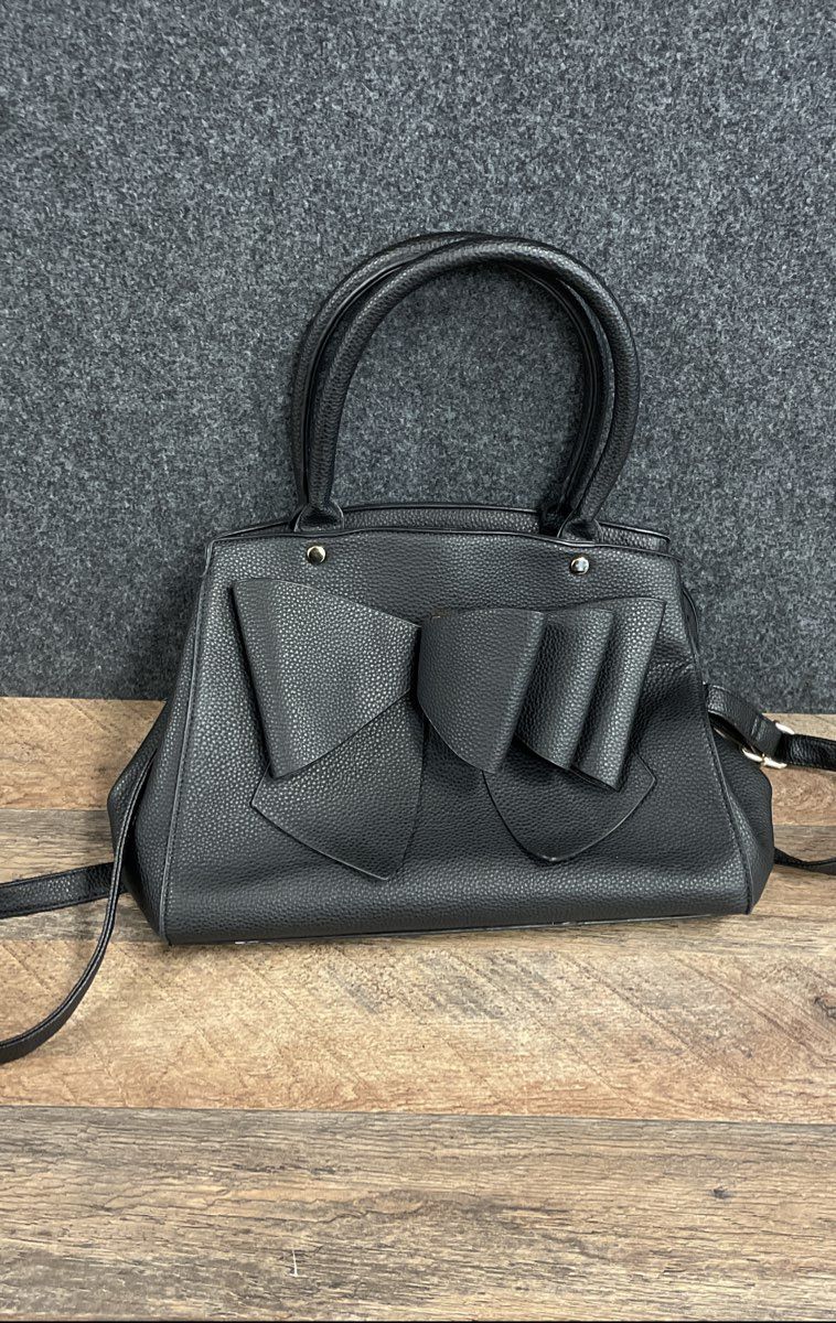 Grossi Black Pebbled Bow Satchel Handbag Crossbody Bag Gold Hardware