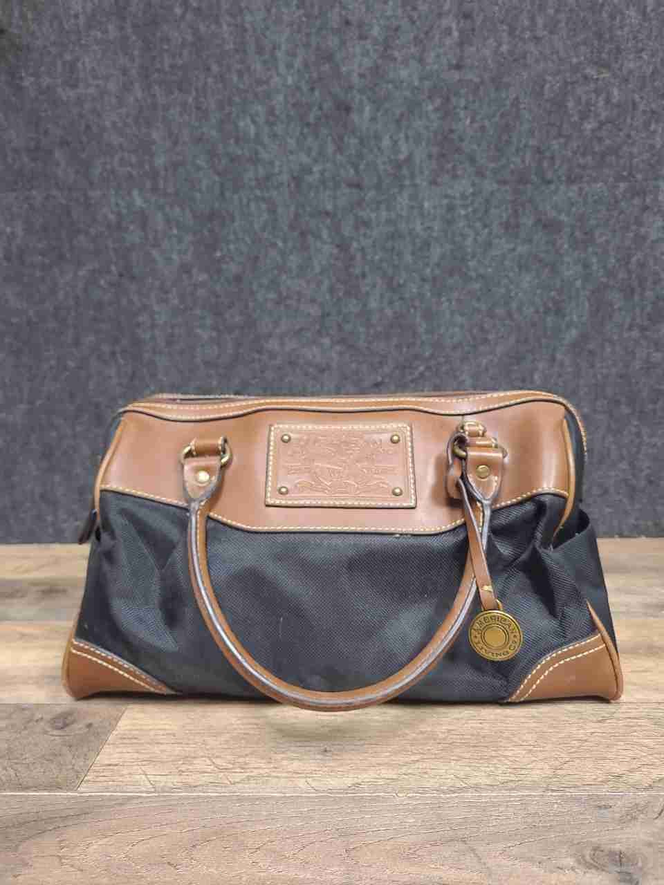 American Living Black Canvas Brown Leather Trim Small Duffle Satchel Bag