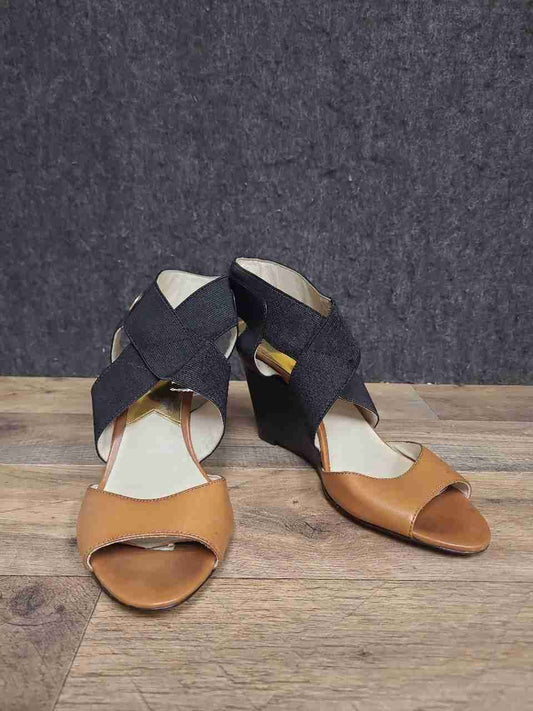 Michael Kors Crisscross Elastic Peep Toe Wedge Sandals Black Tan Size 8M