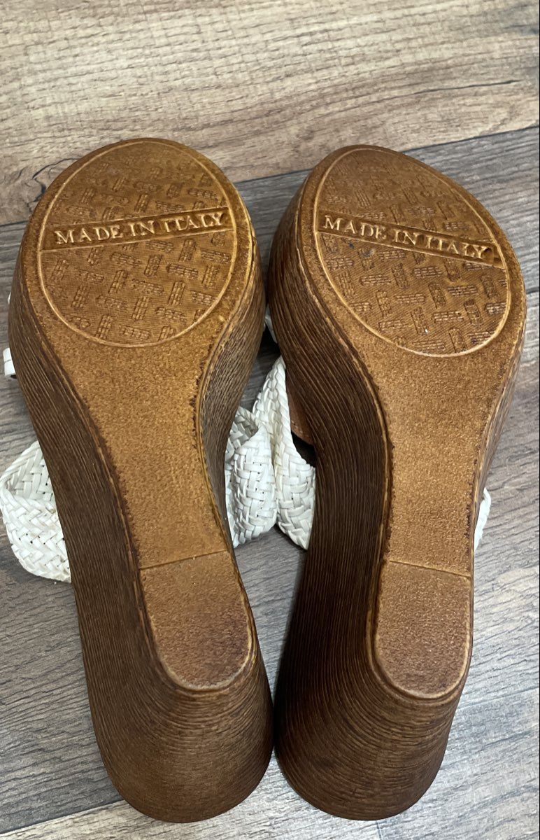Italian Shoemakers White Brown Braided Strap Platform Wedge Slides Size 9