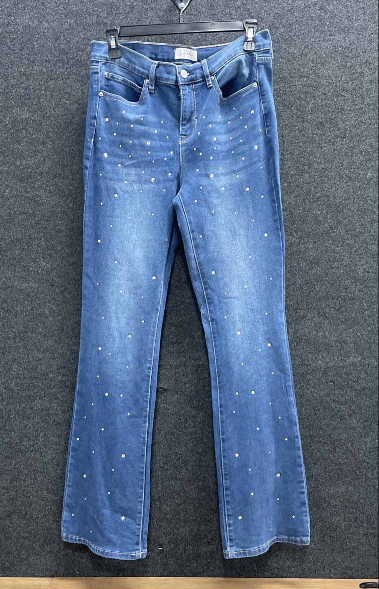 Nicole Miller Women's Blue Soho High Rise Bootcut Rhinestone Jeans Sz 4