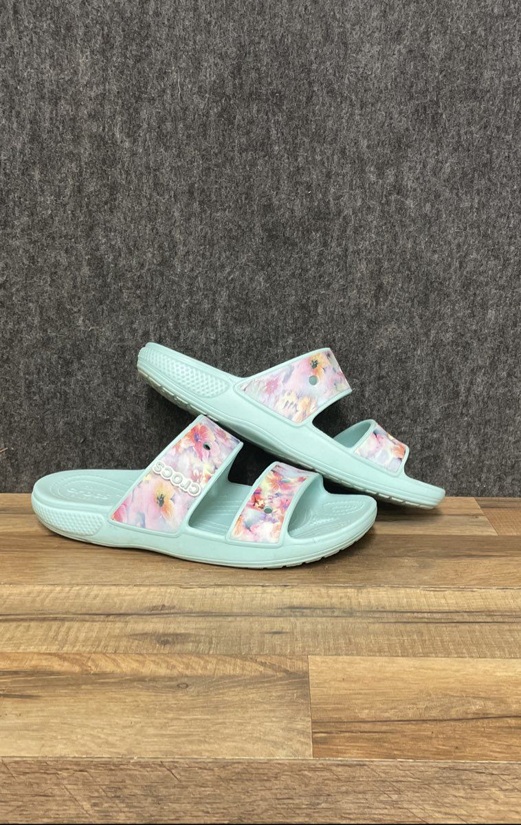 Crocs Classic Dream Sandal Mint Floral Two Strap Slides Men's 9 Women's 11