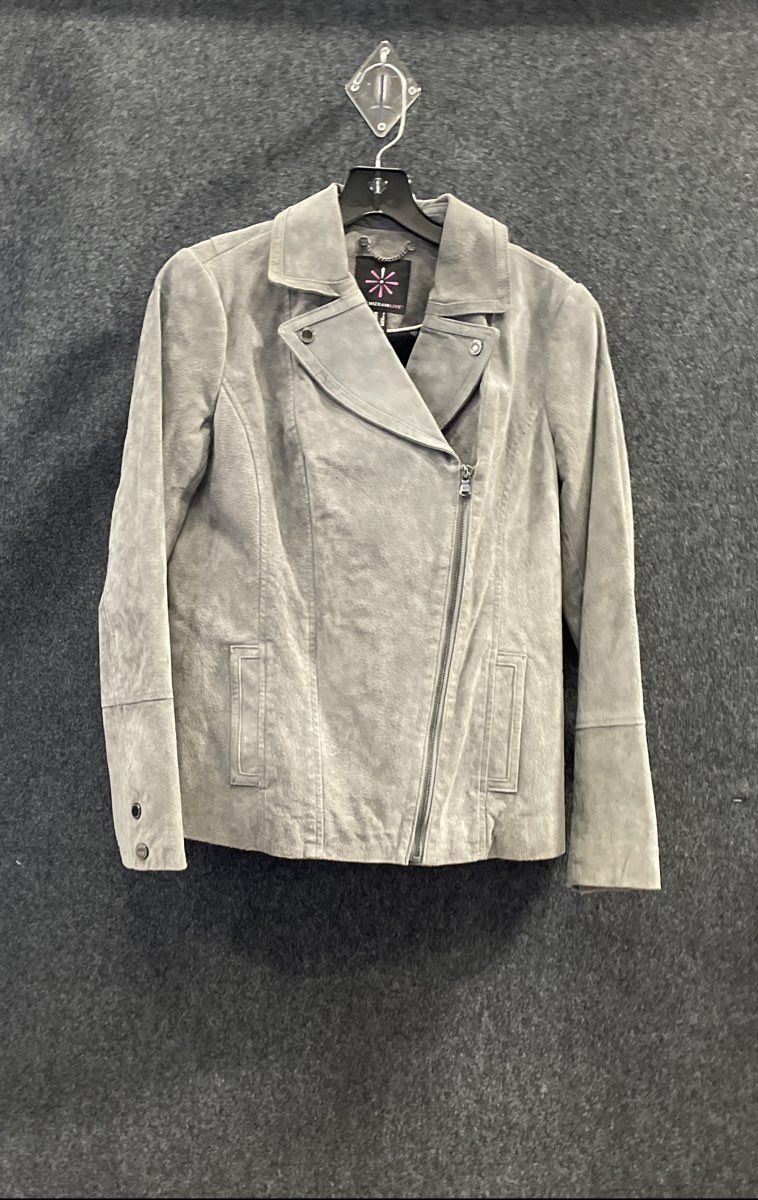 Isaac Mizrahi Live! Women's Grey Leather Asymmetrical Zip Moto Jacket Sz 4