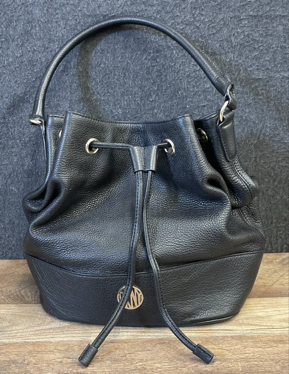 DKNY Black Pebbled Leather Drawstring Bucket Bag Gold Tone Hardware