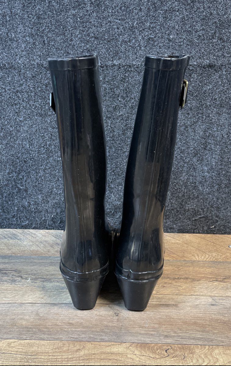 Alley Black Glossy Rubber Wedge Rain Boots Gold Buckle Size 9M