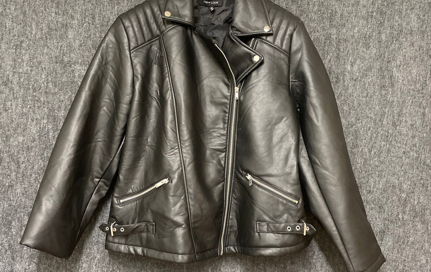 New Look Women's Black Faux Leather Biker Jacket Quilted Moto Zip Sz 2X