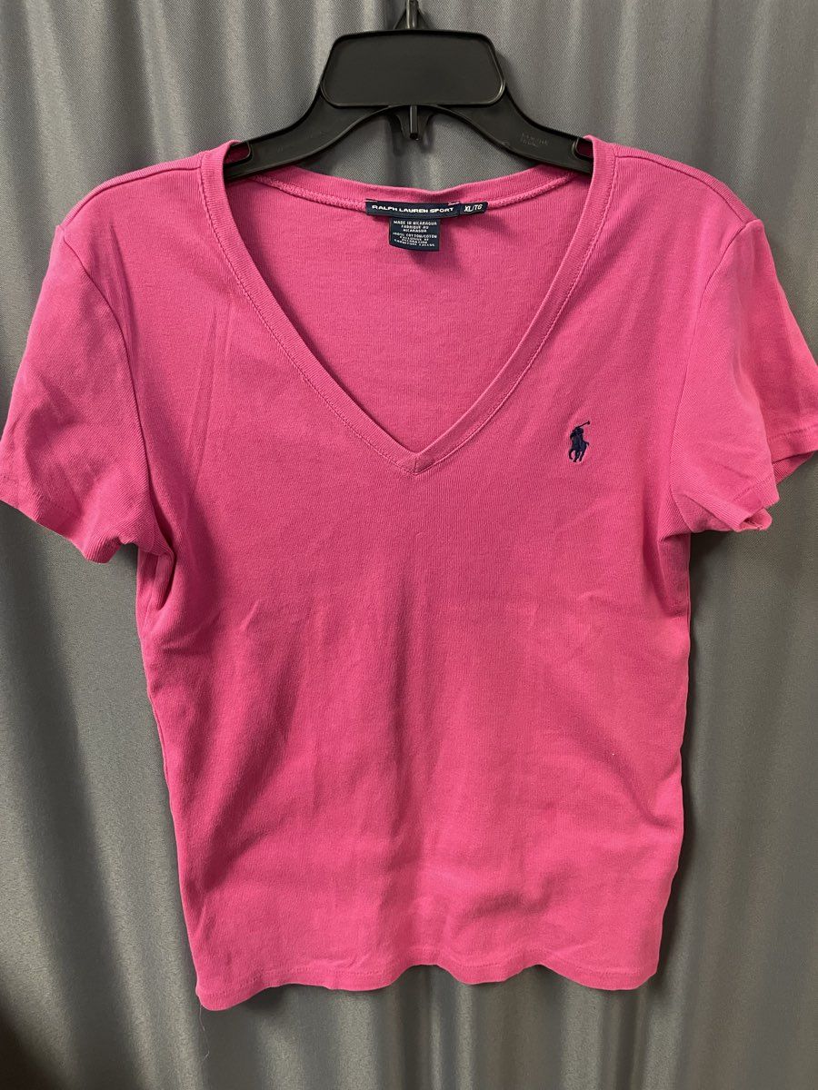 Ralph Lauren Sport Women's Pink V-Neck Short Sleeve Cotton Pony Logo Shirt XL