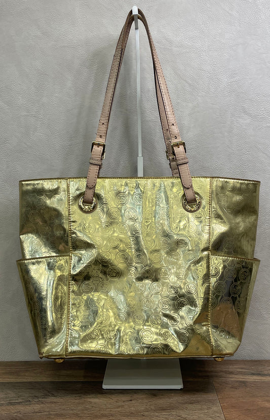 Michael Kors Gold Metallic Logo Embossed Leather Tote Bag Gold Hardware