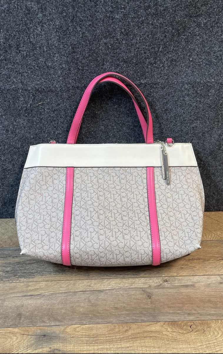 Calvin Klein White & Pink Monogram Canvas Satchel Shoulder Bag Purse
