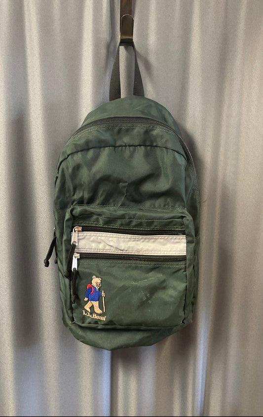 Vintage L.L. Bean Green Kids Backpack Embroidered Hiking Bear Junior Daypack