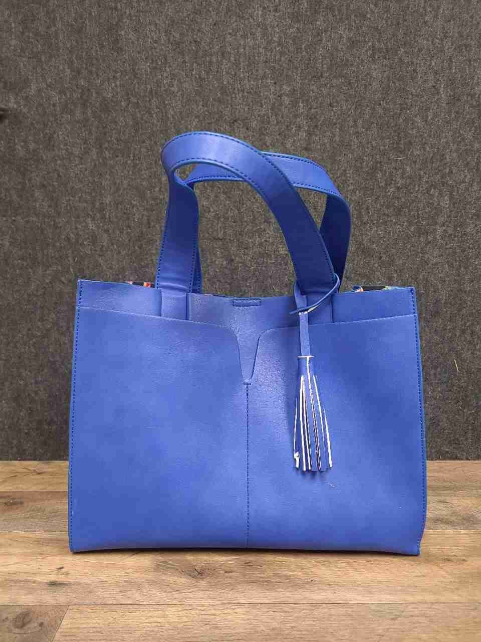 Sondra Roberts Squared Cobalt Blue Faux Leather Tote Bag Floral Lining Tassel
