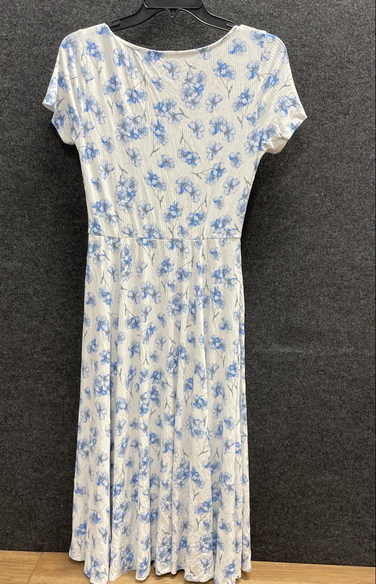 Posh Peanut Women's White Blue Floral Ribbed Short Sleeve Midi Dress Sz M