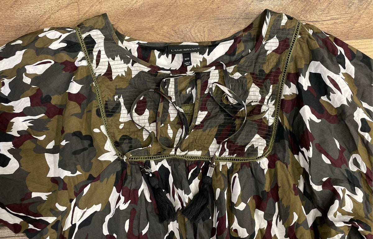 Lane Bryant Women's Camo Print Cotton Boho Peasant Dress Crochet Tassels 14/16