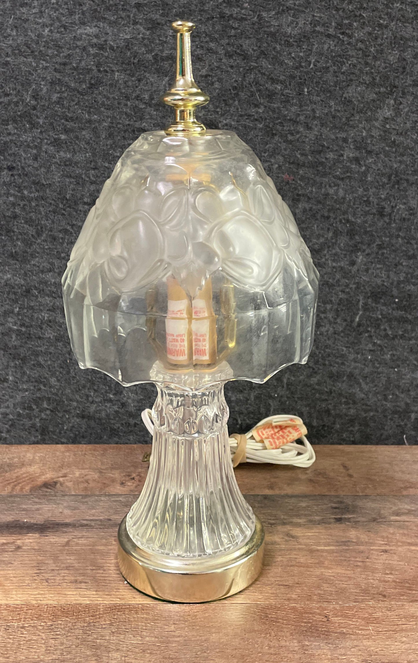 Vintage Pressed Glass Table Lamp Frosted Floral Shade Brass Accent Boudoir