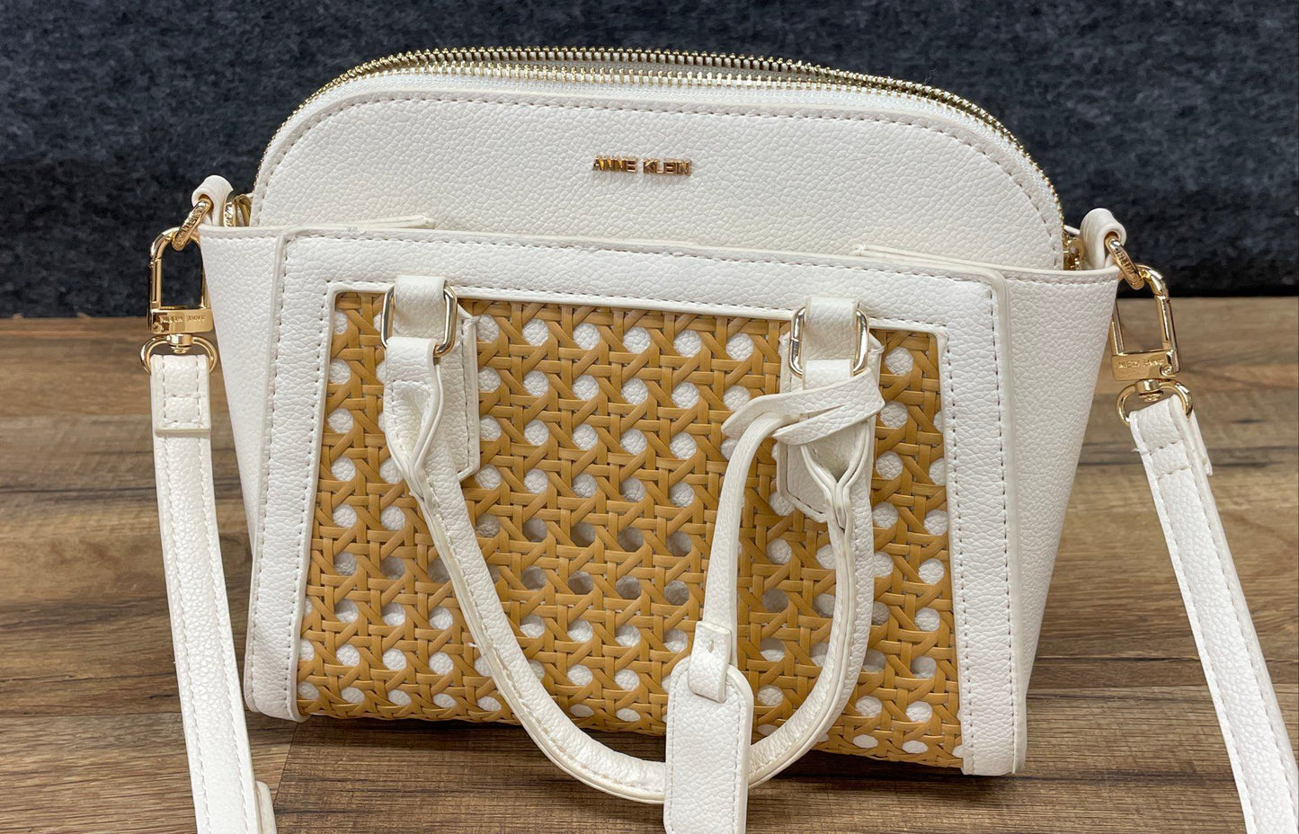 Anne Klein White Woven Cane Satchel & Crossbody Bag Set Gold Hardware 2-Piece