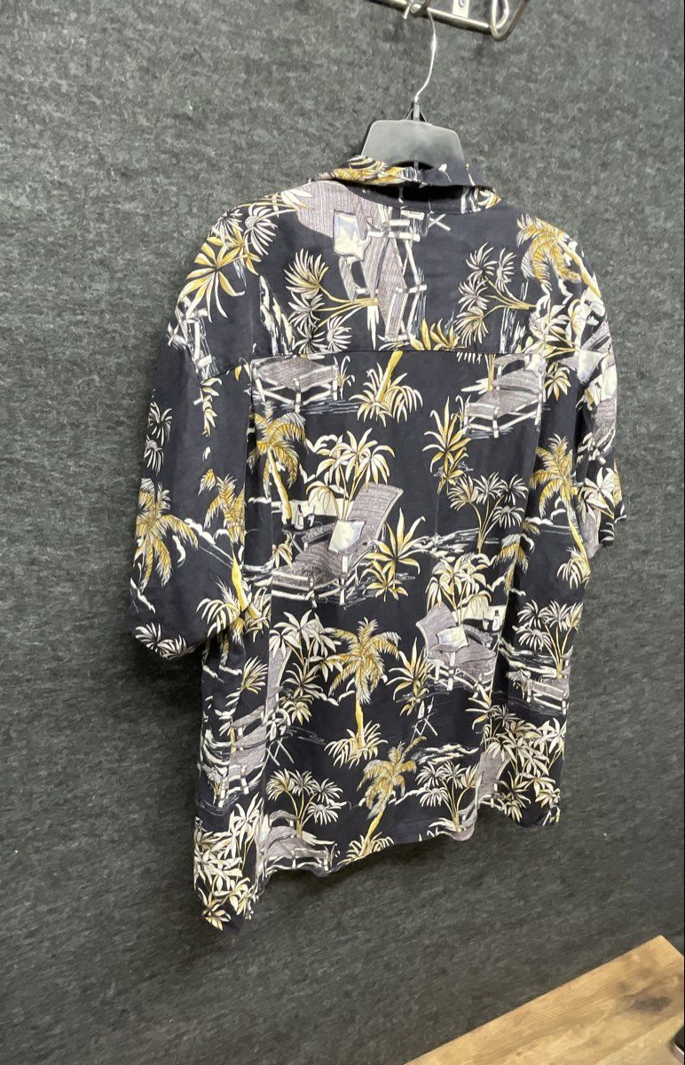Caribbean Joe Men's Hawaii Shirt Navy Blue Linen Blend Tropical Palm Sz L