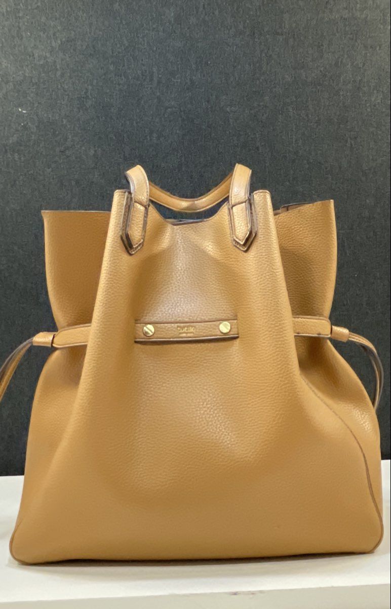 Tutilo New York Tan Pebbled Cinch Tote Bag Gold Hardware Large Handbag