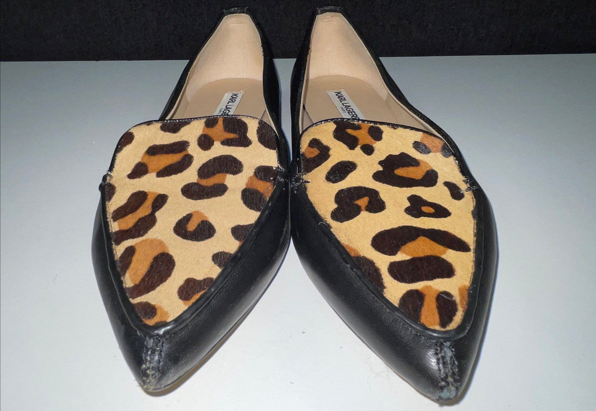 Karl Lagerfeld Paris Leopard Print Calf Hair Pointed Toe Leather Flats Size 8