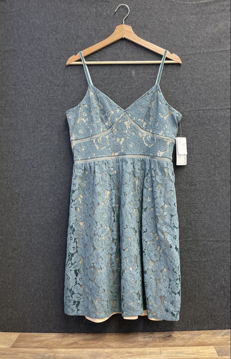 JustFab Women's Blue Floral Lace V-Neck Adjustable Strap Fit Flare Dress Sz L
