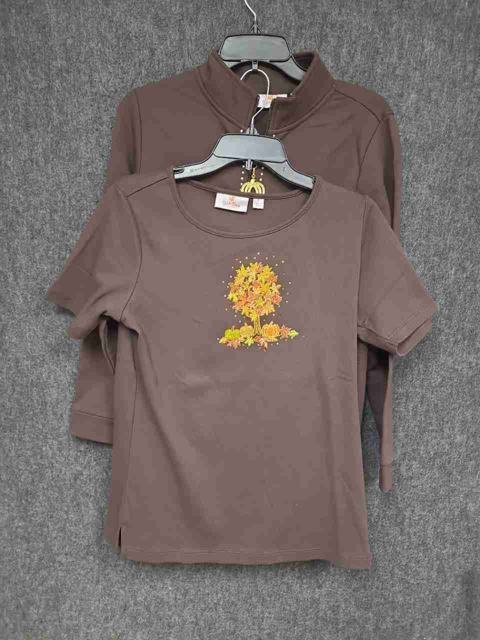 Quacker Factory Women's Brown Autumn Harvest Pumpkin Rhinestone Jacket Tee Sz S
