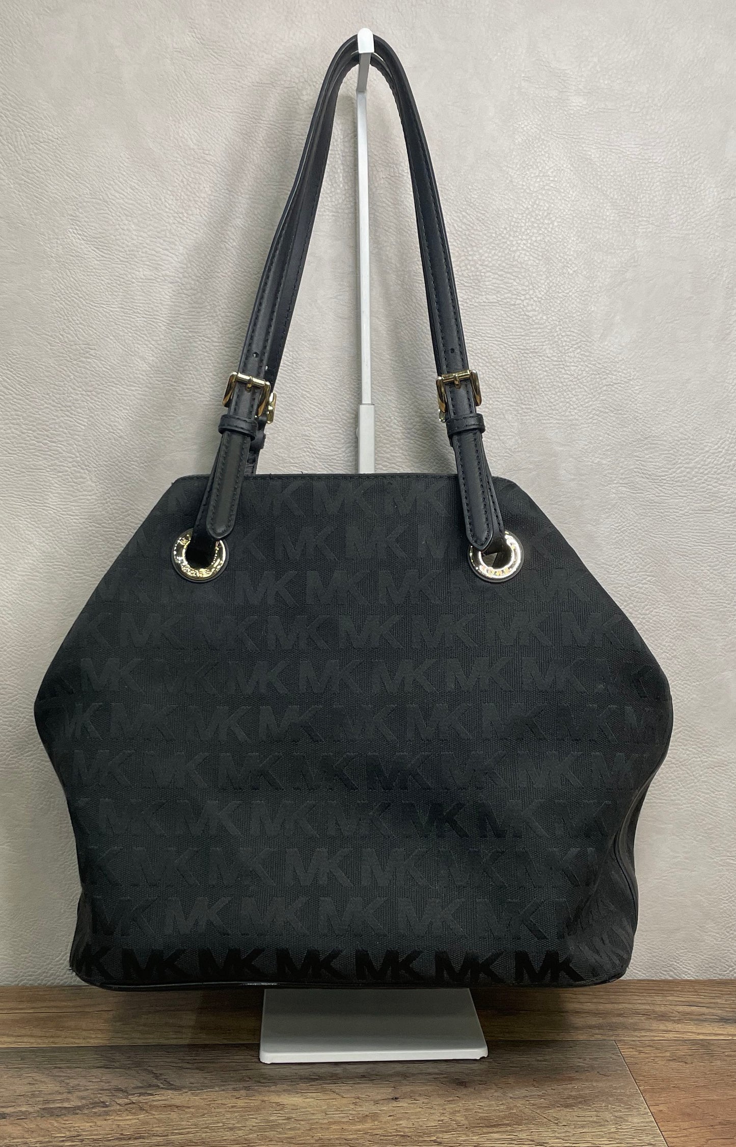 Michael Kors Black Monogram Canvas Leather Tote Bag Gold Hardware