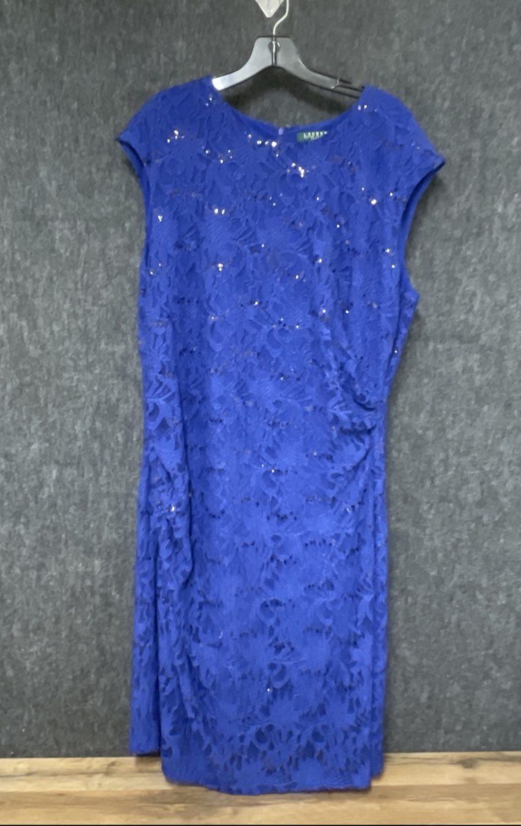 Lauren Ralph Lauren Womens Royal Blue Floral Lace Sequin Ruched Sheath Dress 20W