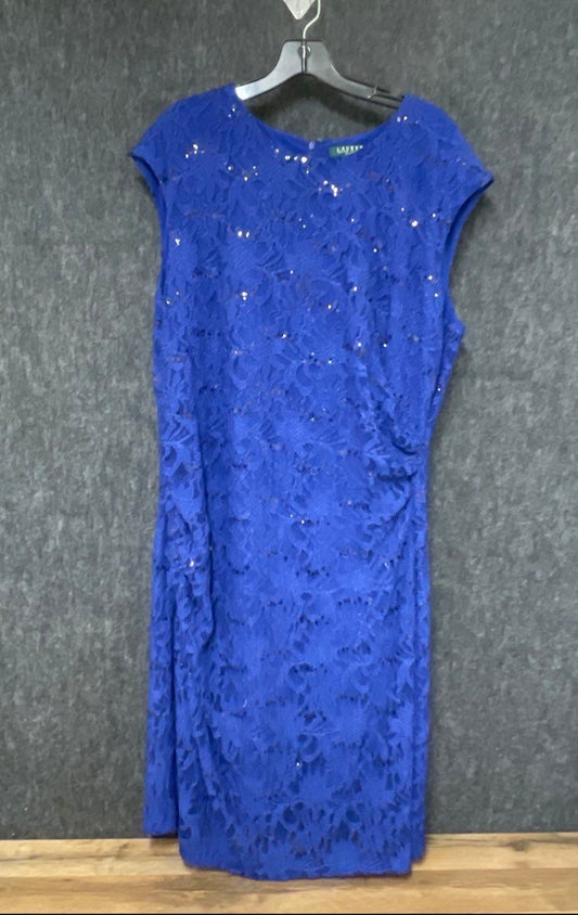 Lauren Ralph Lauren Womens Royal Blue Floral Lace Sequin Ruched Sheath Dress 20W